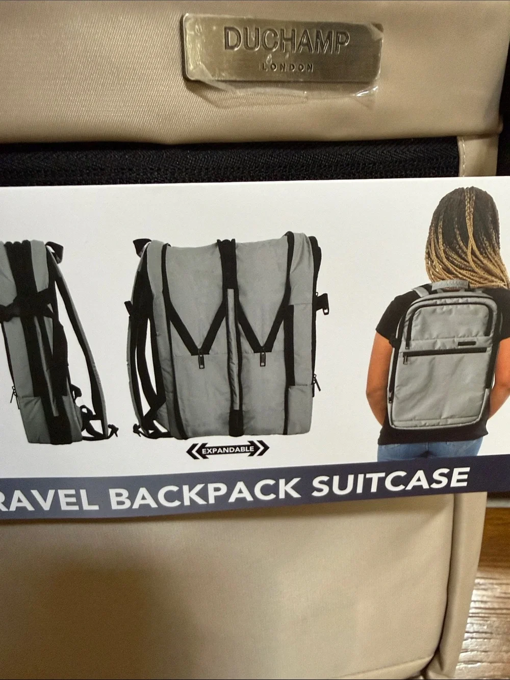Duchamp Beige Expandable Travel Backpack/ Suitcase with laptop pocket and USB.